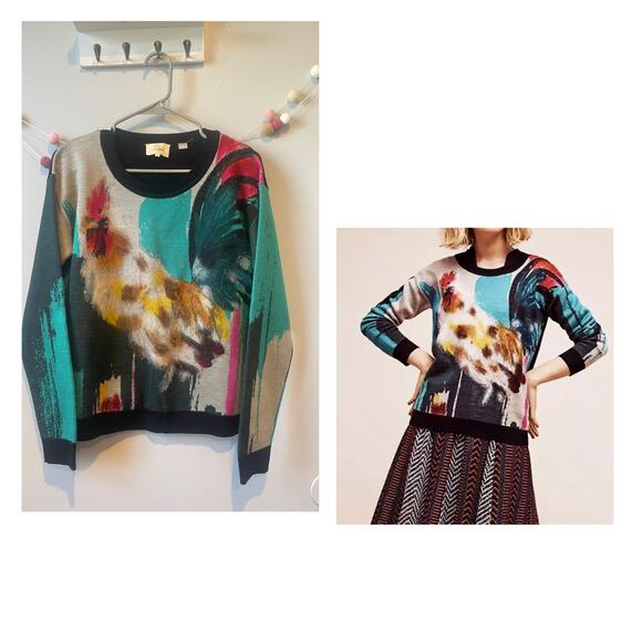 Anthropologie Womens Rooster Crewneck Sweater Artwork Lauren C Walcott Fuzzy - Picture 1 of 7